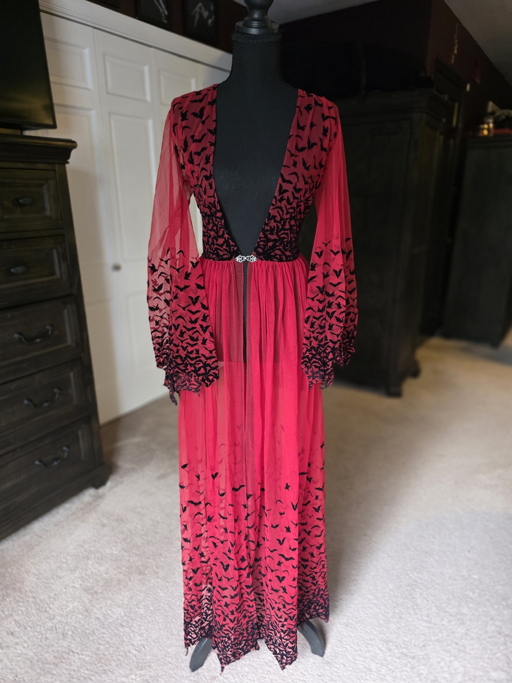 Videnoir Size L Red Black Bat Flocked Mesh Maxi Robe Dress Gothic Handmade Italy